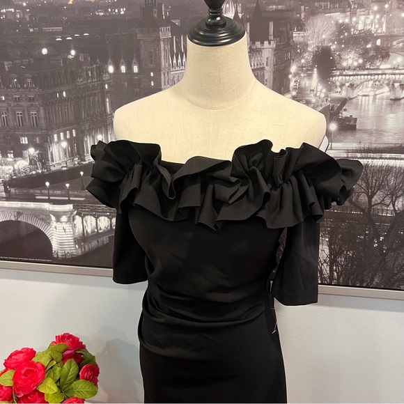 Xscape Black Ruffled Off The Shoulder Maxi Evening Gown NWT - Reemoly - Picture 9 of 16